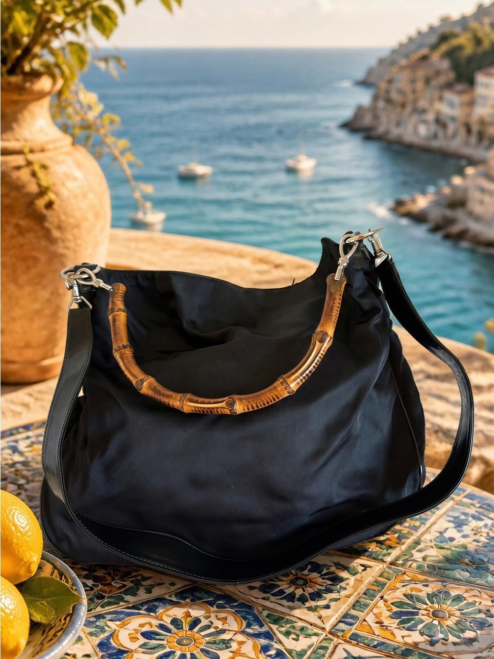 Gucci Bamboo Classic Black Nylon with Patent Leather Hobo Bag